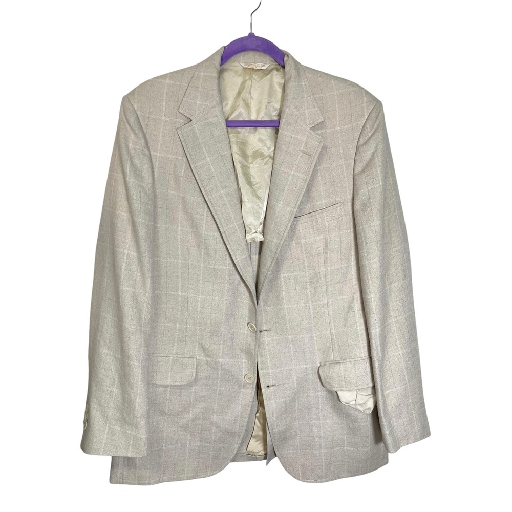 Johnny Carson 42R‎ Beige Blazer Windowpane Plaid Two Button Jacket Grandpa Core